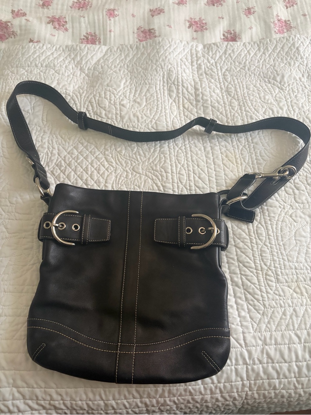 Vintage Coach Black Leather Shoulder Bag with Silver Buckles